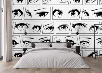 Japanese anime eye seamless pattern illustration. Black and white manga cartoon character background, animation art style print. Trendy Y2K eyes, facial expression graphic, diverse comic book people.	 Wall mural