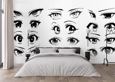 Japenese anime eye close up set on isolated background. Black and white manga cartoon character, animation art style bundle. Trendy Y2K eyes, facial expression graphic, diverse comic book people.	
 Wall mural