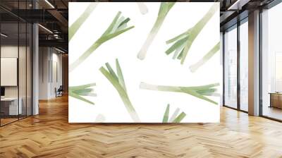 Leek watercolor seamless pattern. Natural vegetable background illustration of organic cooking ingredient for healthy nutrition concept. Fresh hand drawn onion stalk on white backdrop. Wall mural