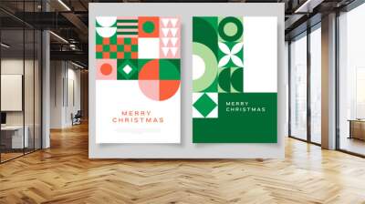 Merry Christmas greeting card template set for holiday celebration event. Flat geometry shape mosaic illustration collection in abstract scandinavian art style. Wall mural