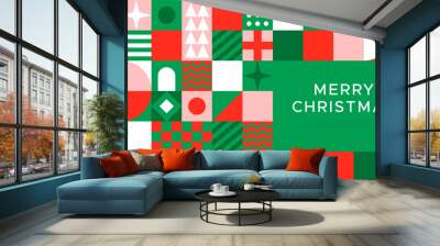 Merry Christmas landing web page template for holiday celebration event. Flat geometry shape mosaic illustration in abstract scandinavian art style. Wall mural