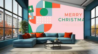 Merry Christmas web banner template illustration of woman carrying gift with colorful abstract geometric mosaic art. Holiday business sale event or xmas greeting card design.  Wall mural