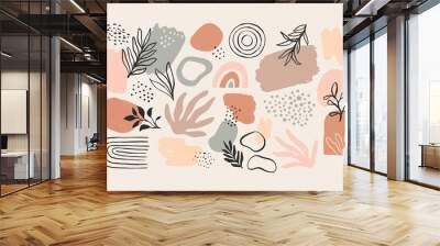 Minimalist abstract nature art shapes collection. Pastel color doodle bundle for fashion design, summer season or natural concept. Modern hand drawn plant leaf and tropical shape decoration set. Wall mural