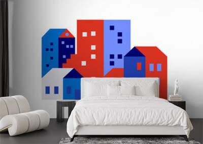 Modern city illustration on isolated background. Flat houses and apartment buildings in colorful geometric style. Wall mural