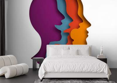 Paper cut layered human head with different emotions inside. Colorful papercut man silhouette laughing, angry and sad on isolated background for mood swing or feeling expression concept.	 Wall mural