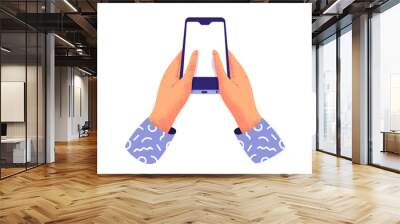 People hands holding mobile phone on isolated white background. Young man or woman typing on smartphone touch screen. Empty cellphone display for custom text, blank copy space telephone template. Wall mural