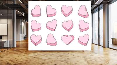 Pink heart candy cartoon illustration set. Cute love hearts collection. Valentine's day holiday doodle bundle, romantic design on isolated background. Pastel color sweet dessert food. Wall mural