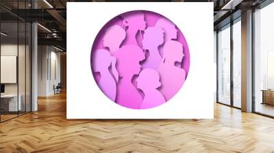 Pink women people group illustration inside paper cut circle. Female team for women's issues or breast cancer awareness concept. Round icon papercut design of diverse girls silhouette. Wall mural