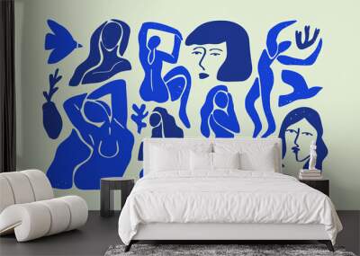 Set of abstract blue women illustration collection. Big bundle of flat cartoon woman figures, young vintage matisse art female body studies. Beautiful fine artwork for fashion or modern trend project. Wall mural