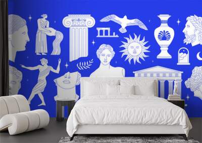 Set of ancient greek statue and classic vintage monument shapes in blue color. Greece culture antique illustration collection. Historical flat cartoon drawing bundle. Wall mural