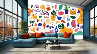 Set of colorful trendy shapes in childish hand drawn style. Modern flat drawing cartoon collection. Summer jungle decoration and exotic tropical animals on isolated background.	 Wall mural