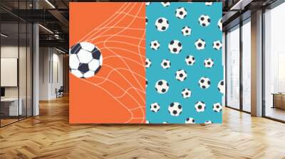 Set of diverse soccer player men athlete team pattern. Colorful retro football game illustration collection. Includes foot ball print, stadium field background and goal shot. Wall mural