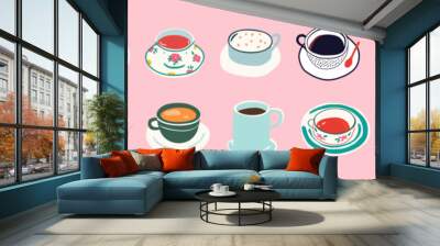 Set of hand drawn vintage coffee mug doodles. Breakfast tea cup illustration collection with retro floral pattern, fine china hot drink clip art bundle. Decoration element drawing, flat cartoon. Wall mural