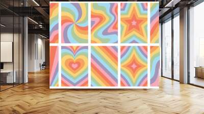 Set of retro psychedelic rainbow background illustration. Vintage 70s style abstract hippie art banner collection with trendy colorful design. Groovy seventies print bundle. Wall mural