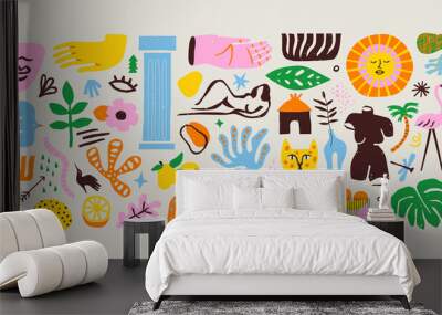 Set of trendy doodle and abstract nature icons on isolated background. Colorful summer collection, unusual organic shapes in freehand matisse art style. Includes people, floral art and texture bundle Wall mural