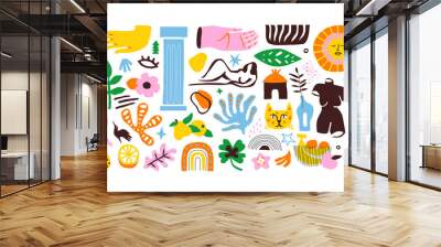 Set of trendy doodle and abstract nature icons on isolated background. Colorful summer collection, unusual organic shapes in freehand matisse art style. Includes people, floral art and texture bundle	 Wall mural