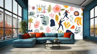 Set of trendy doodle and abstract nature icons on isolated white background. Big summer collection, unusual organic shapes in freehand matisse art style. Includes people, floral art and texture bundle Wall mural