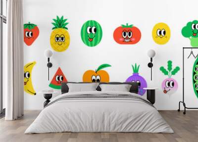 Set of trendy happy food sticker in vintage cartoon style. Retro cooking ingredient, vegetarian character label illustration collection on isolated background. Funny vegetable and fruit mascot bundle. Wall mural