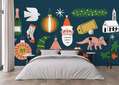 Set of vintage christmas doodle and funny xmas icons on isolated background. Quirky holiday collection, retro shapes in funny cartoon art style. Includes santa claus, champagne, holly ornament bundle. Wall mural