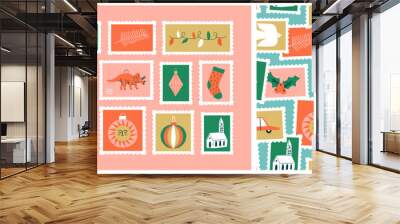 Set of vintage christmas post card stamp pattern illustration. Retro style winter holiday postage sticker collection, xmas celebration mail postmark, festive postal label background. Wall mural