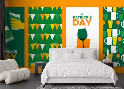 St. Patrick's Day banner illustration set of friends drinking green beer glass and seamless pattern. Wall mural