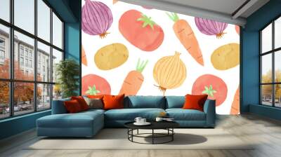 Vegetable watercolor drawing seamless pattern. Hand drawn cooking ingredient background illustration for restaurant, food recipe or healthy eating concept. Includes carrot, onion and tomato. Wall mural