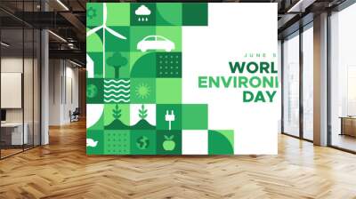 World Environment Day web template illustration with modern eco geometric nature mosaic. Green abstract geometry shape symbol background for online earth holiday or internet landing page. Wall mural