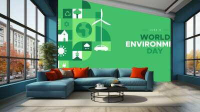 World Environment Day web template illustration with modern eco geometric nature mosaic. Green abstract geometry shape symbol background for online earth holiday or internet landing page. Wall mural