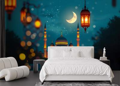 Realistic ramadan background with mosque moon stars lantern and bokeh. Generative AI. Wall mural