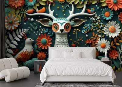 Artistic 3D illustration of Scandinavian folk art, with stylized depictions of animals, plants, and symbols commonly found in Nordic culture, rendered in a contemporary style and formatted in a 16:9 Wall mural