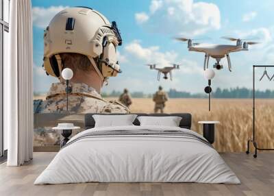 Brave Soldier Confronting Aerial Drones in Intense Battlefield with Military Combat Technology Concept Wall mural