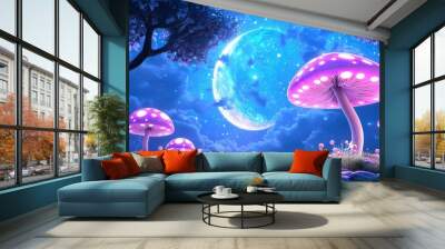 Enchanted Night with Glowing Mushrooms and Moonlight Wall mural