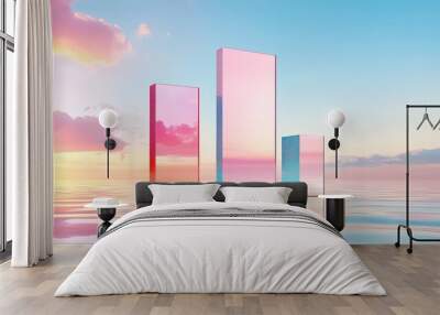 Futuristic Abstract 3D Shapes in Digital Landscape with Holographic Surfaces Reflecting Light Wall mural