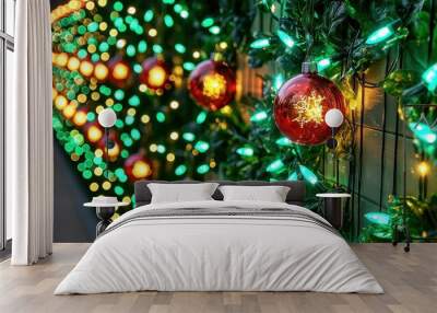 Glowing Holiday Lights Transforming Red and Green Christmas Backdrop into Festive Wonderland Wall mural