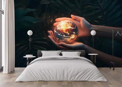 Hands holding glowing earth symbolizing healing nurture and environmental conscious efforts and ecology Wall mural