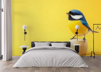 Joyful Avian Musician: Colorful Bird Playing Tambourine on Bright Yellow Background Wall mural