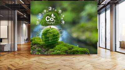 carbon neutral concept Net zero greenhouse gas emissions target Green globe with trees for greenhouse gas emissions with neutral carbon icon Wall mural