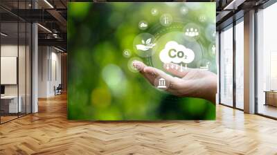 CO2 emission reduction concept in hand with environmental icons, global warming, sustainable development, connectivity and renewable energy green business background. Wall mural