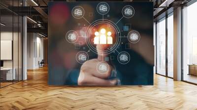 consumer opinion concept Assessing customer satisfaction to improve and develop products in modern technology With a thumb touching a business woman. Customer Icon Feedback Copy Area Wall mural