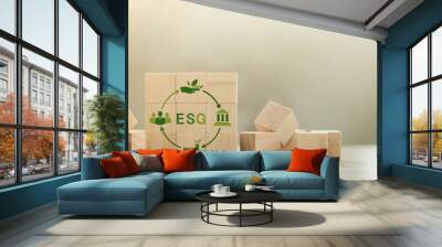 ESG concept in renewable resource economy, recycling, environment, reuse, production, sustainable development. with symbol icon on wooden block Wall mural