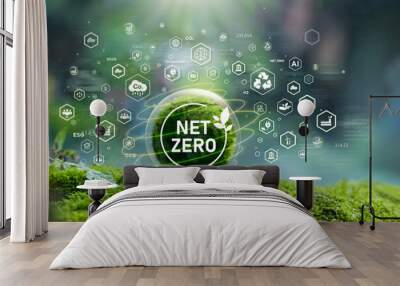 Net Zero concept, net zero greenhouse gas emissions, is a long-term climate neutral and environmentally sustainable strategic goal of the world. Green ball on moss in green forest with Net Zero icon Wall mural