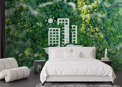 sustainable green building environmentally friendly buildings Future green business idea Environmental sustainability goals in 2050. White building shape amidst pristine nature. Wall mural