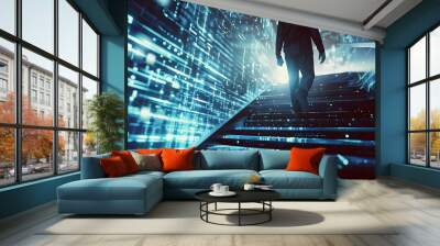 Man Walking Up A Flight Of Stairs Into The Digital Matrix Of Information Technology (Generative AI) Wall mural