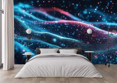 banner design with abstract digital background with glowing blue, white, and red lights, binary code particles on a black space Wall mural