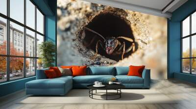 black ant at the entrance of its nest's hole Wall mural