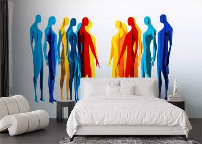 colorful silhouette of people in two groups facing each other to illustrate conflicts in communication Wall mural