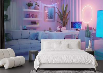 living room that also serves as home office for feminine person with pink and light blue color Wall mural