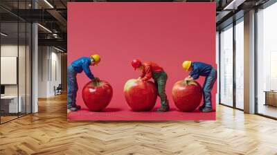 miniature food photography concept with apple and mini workers Wall mural