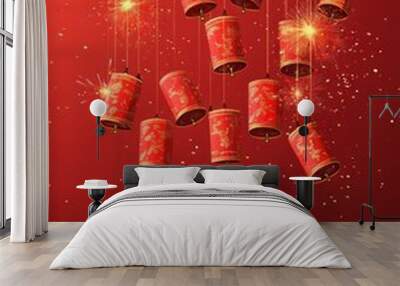 Traditional red Chinese firecrackers with sparks flying, isolated on a soft red gradient background Wall mural