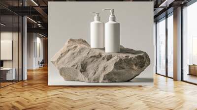 two white bottle with pump mockup on stone, advertisement Wall mural